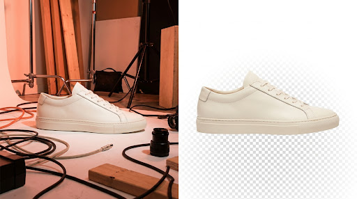 Avant et après : une basket blanche premium photographiée sur un sol de studio encombré, puis isolée sur un fond blanc pur avec des contours nets au pixel près autour de la semelle et des œillets