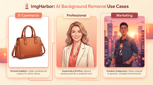 Trois cas d'usage : sac à main en cuir sur fond blanc pour une fiche e-commerce (gauche), portrait d'une femme professionnelle sur dégradé doux pour LinkedIn (centre), personne incrustée sur une skyline urbaine pour le marketing (droite)